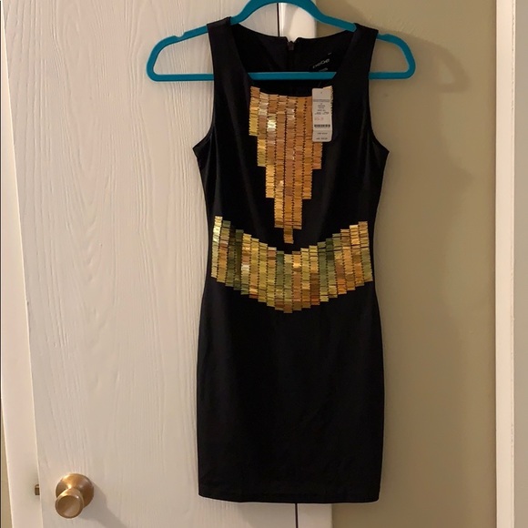 bebe black and gold dress Bebe Dresses | Bebe One-Shoulder Lace Dress In Black And Gold, Its Also Fits Medium To Large, | Color: Black/Gold | Size: L